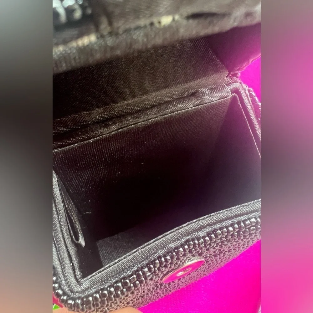 BEADED black cosmetic rectangle cosmetic/ evening mini bag with built in mirror